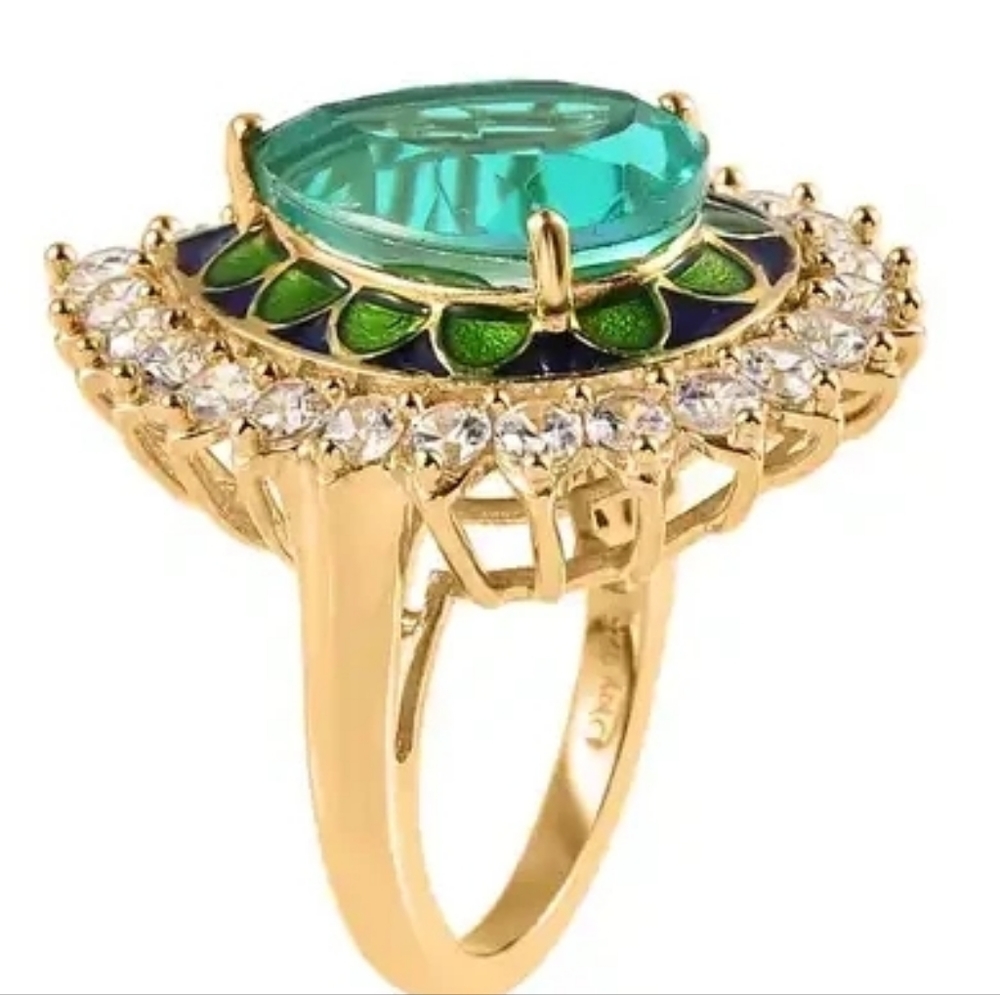 Peacock Quartz Triplet and White Zircon Enameled Halo Ring - Picture 4 of 6